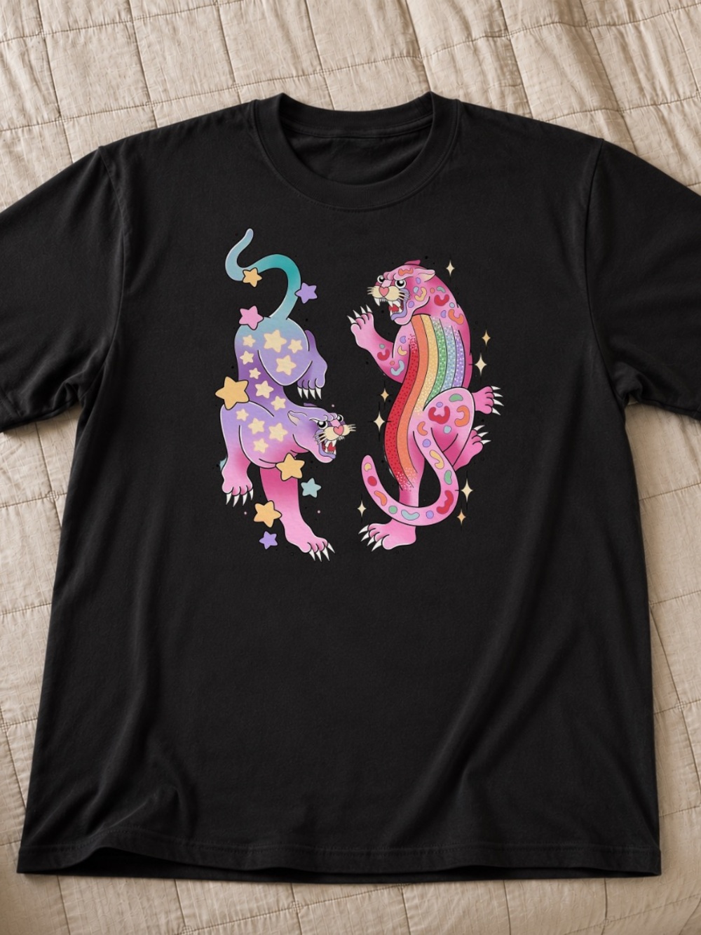 Gildan Black Tee with Pink & Purple Rainbow Panther Graphics - Picture 1 of 3